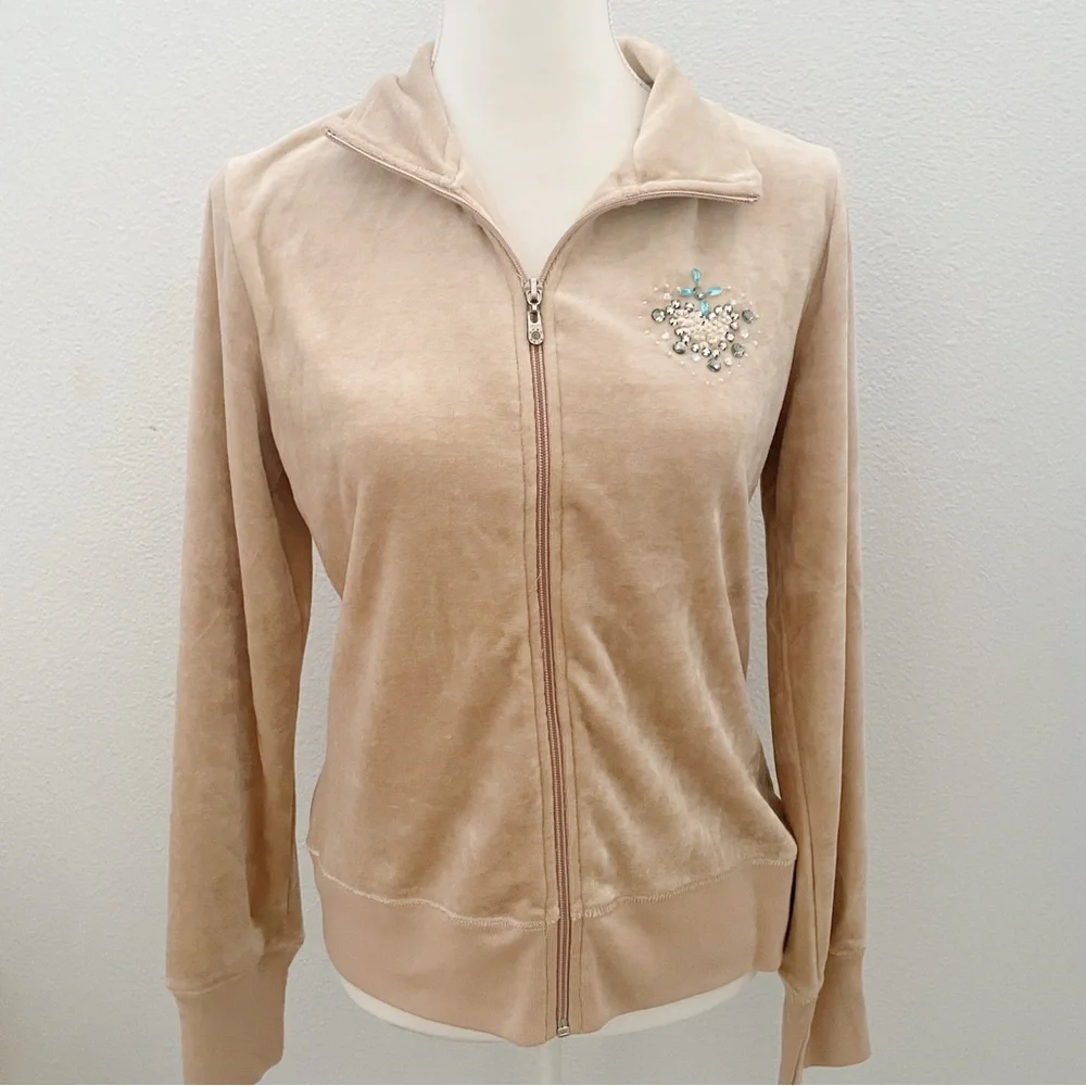 NWOT BCBGMAXAZRIA tan velour embellished track jacket size large - Picture 4 of 9